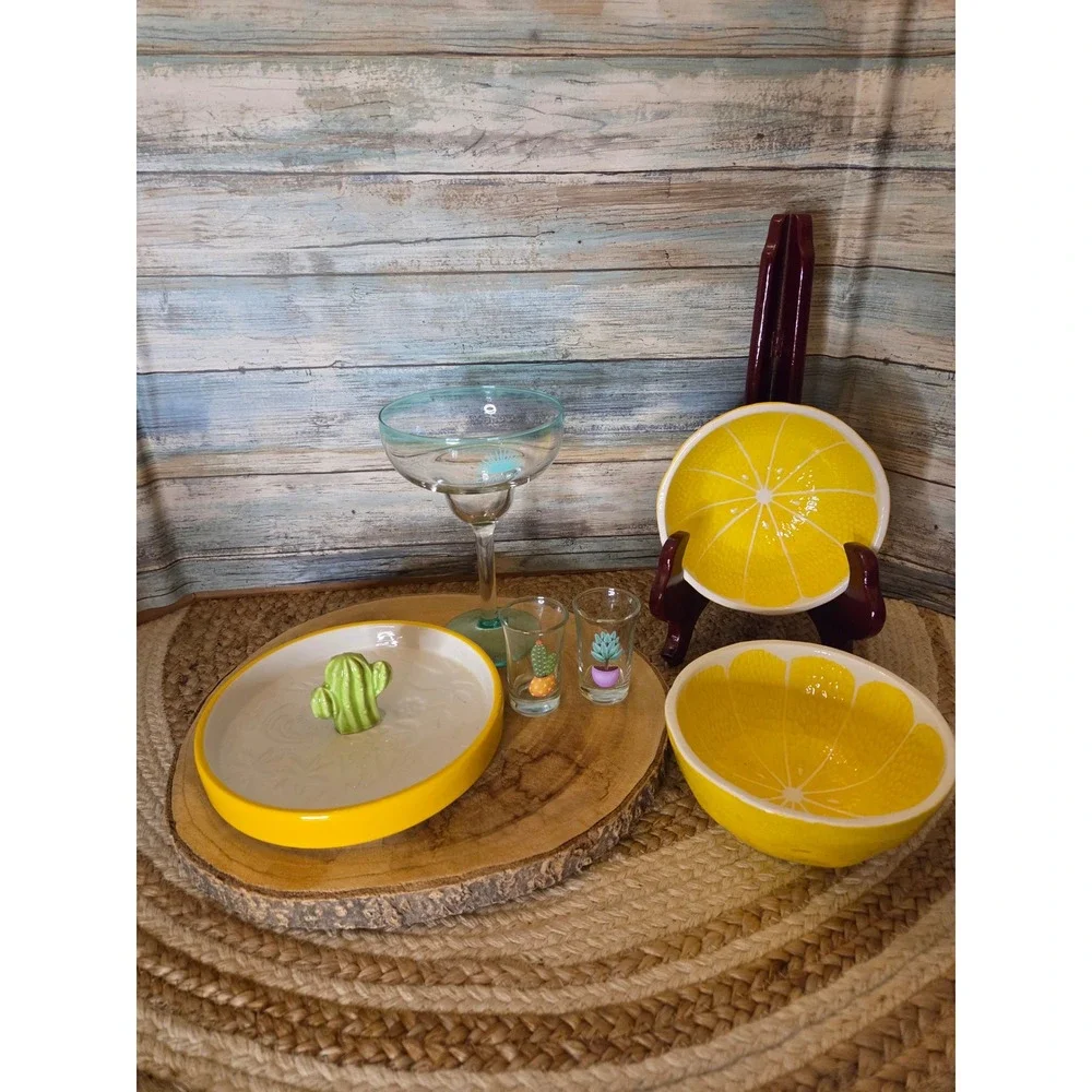 Casamigos Margarita Glass Cactus Glass Dip Tray Lemon Bowls Shot Glass Set 6pc